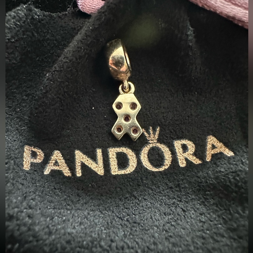 PANDORA ❤️ 14K GOLD BREAST CANCER RIBBON PINK SAPPHIRE DANGLE - Picture 2 of 3
